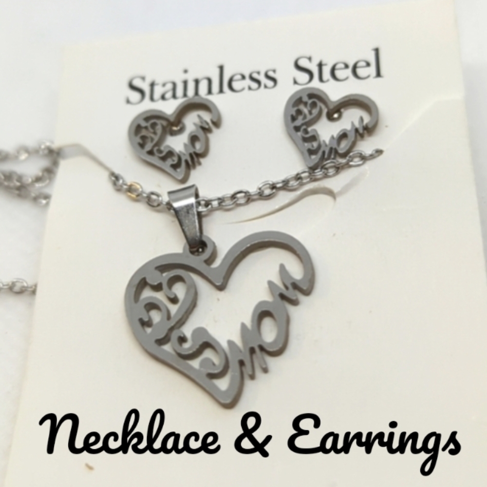 🧑‍💼MOM🧑‍💼Necklace🦹 and  Earrings NWT Stainless Steel Silver 3 Pieces